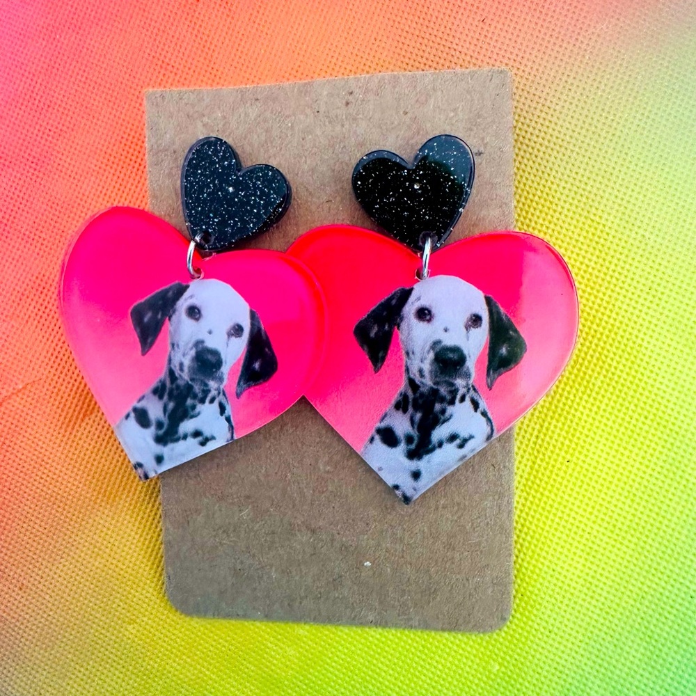 Dalmatian Pink Heart Dangle Earrings